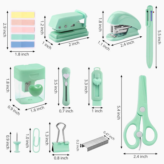 Green Mini Office Supply Kit Mini School Supplies Desk Accessory Set Includes Mini Stapler Pencil Sharpener Staple Remover Hole Punch Ballpoint Pen Scissor Box Cutter Paper Clips Sticky Index Tabs