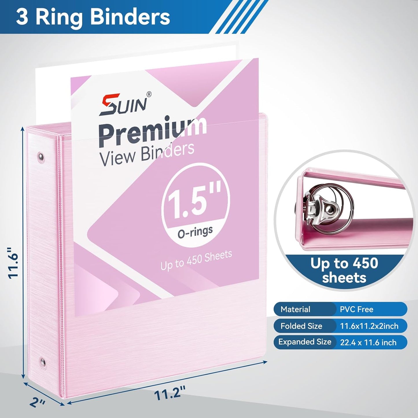 SUIN 1.5-Inch 3-Ring Binders with 2 Interior Pockets, Premium Clear View Presentation Binder Holds 325 Sheets Letter Size, Office School Home,6 Pack