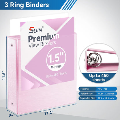 SUIN 1.5-Inch 3-Ring Binders with 2 Interior Pockets, Premium Clear View Presentation Binder Holds 325 Sheets Letter Size, Office School Home,6 Pack
