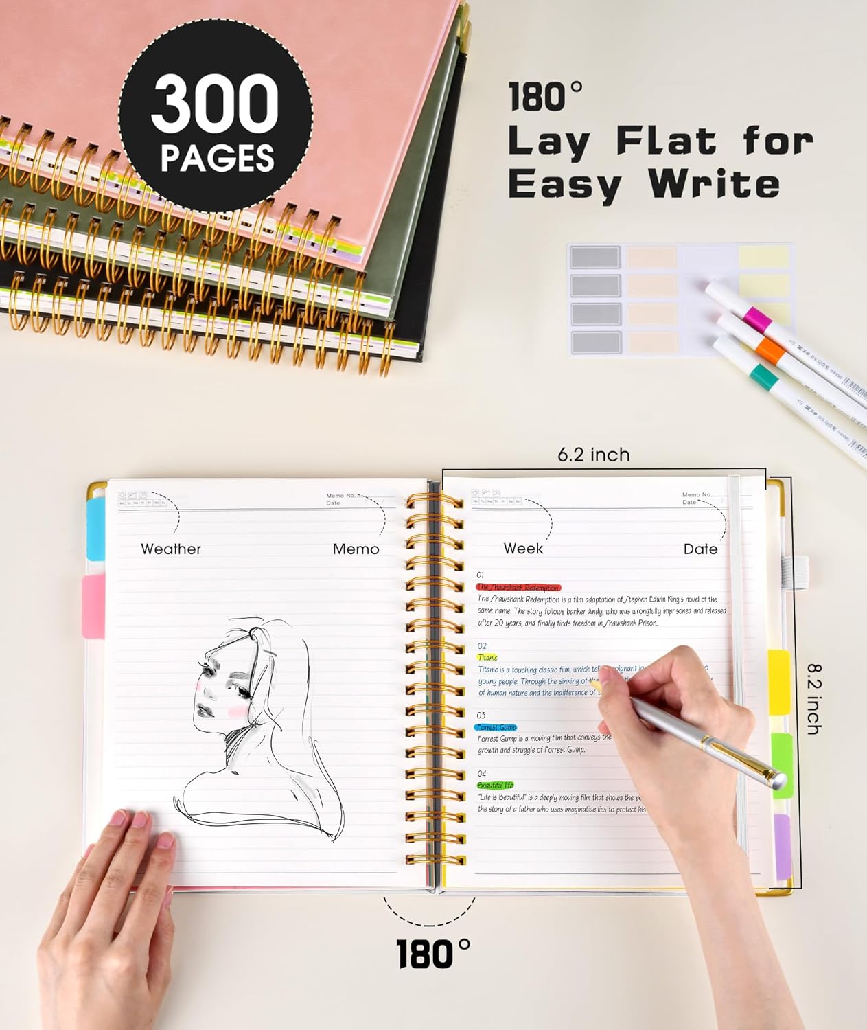 Hardcover Spiral Notebook Journal with Removable Dividers Tabs, 300 Pages Leather 5 Subject Notebook College Ruled, 8"x10" Large B5 Notebooks for Work School Note taking, Lined Journal for Women, Pink