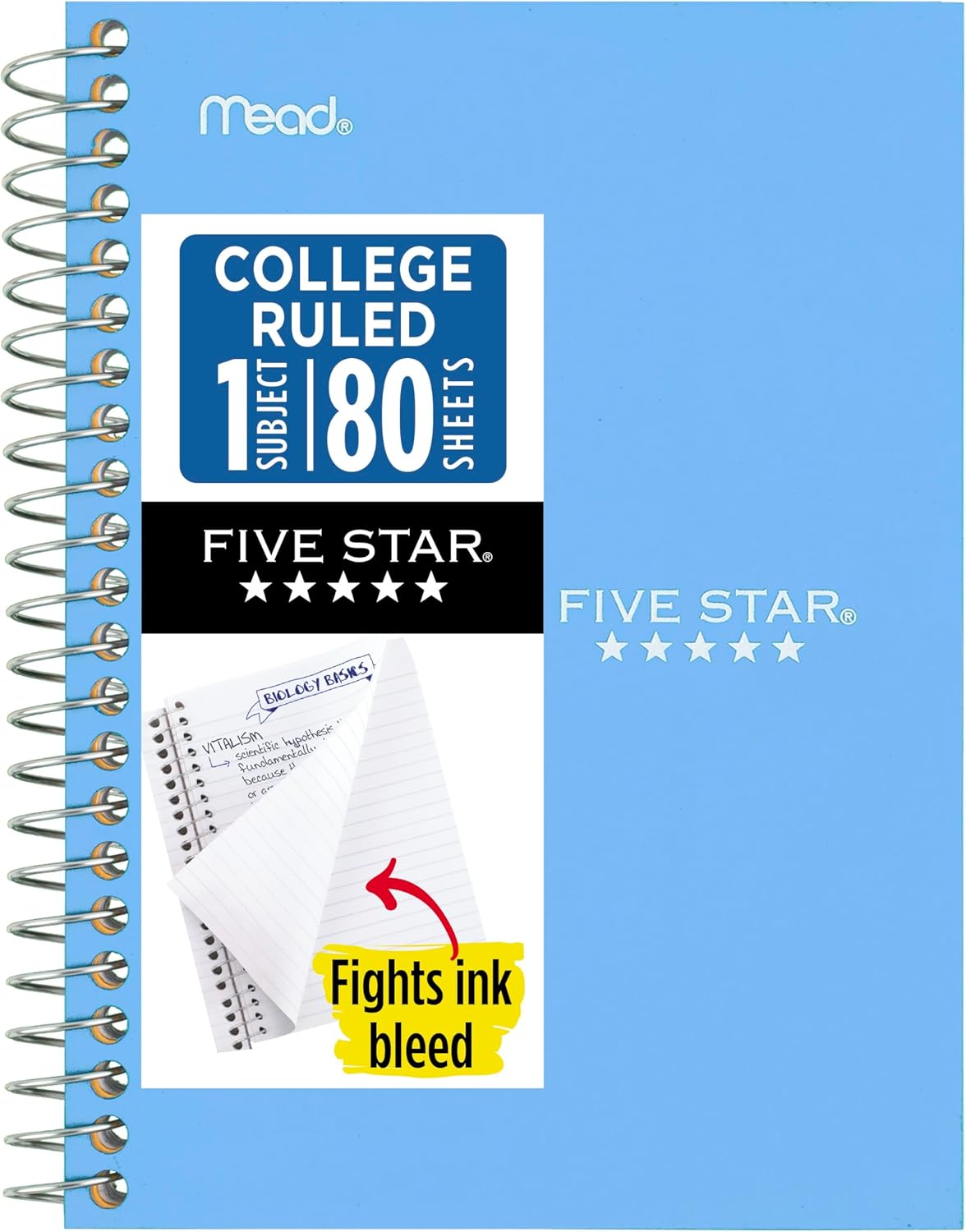 Five Star Spiral Notebook, 1 Subject, College Ruled Paper, 4-3/8" x 7", Personal Size, 80 Sheets, Fights Ink Bleed, Water Resistant Cover, Seaglass Green (450048CH1-ECM)