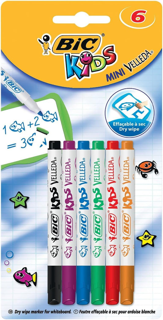 BIC Kids Mini Velleda Whiteboard Markers Pens - Pack of 6 - Assorted Colours - Fine Bullet Nib Dry Wipe Markers