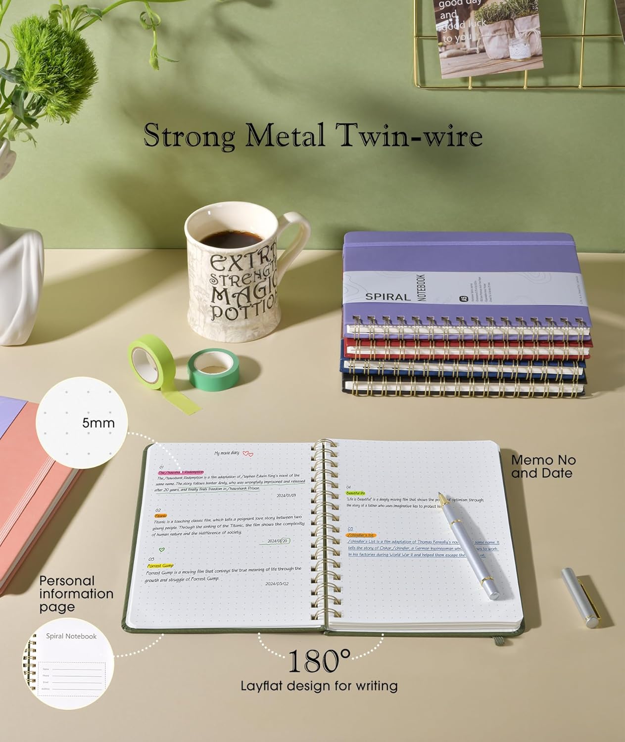 Lined Spiral Journal Notebook, A5 Hardcover Spiral Journals for Women Men, 150 Numbered Pages Spiral Bound Notebook, 100 GSM College Ruled Notebooks for Work, Note Taking 5.75" x 8.38", Olive Green