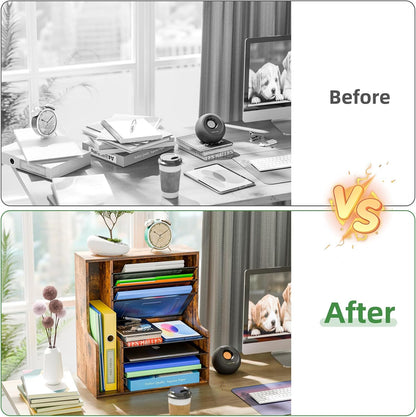 Simple Trending 7 Tier Desk File Organizer, Wooden Letter Tray Paper Organizer with Adjustable File Holder, Mesh Desktop Organizer and Storage for Office Supplies