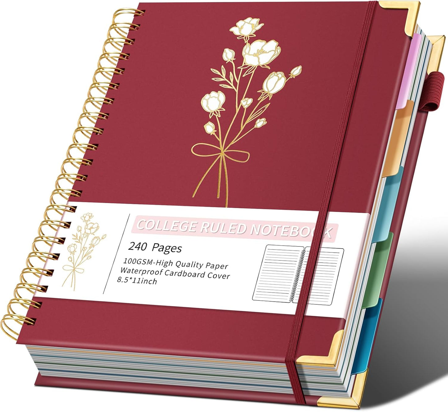 Hardcover Spiral Notebooks 8.5" X 11" Note Taking 5 Subject Notebook College Ruled with Dividers 240 Pages 100GSM Aesthetic Spiral Notebook for Work School Cute Journals for Women Writing