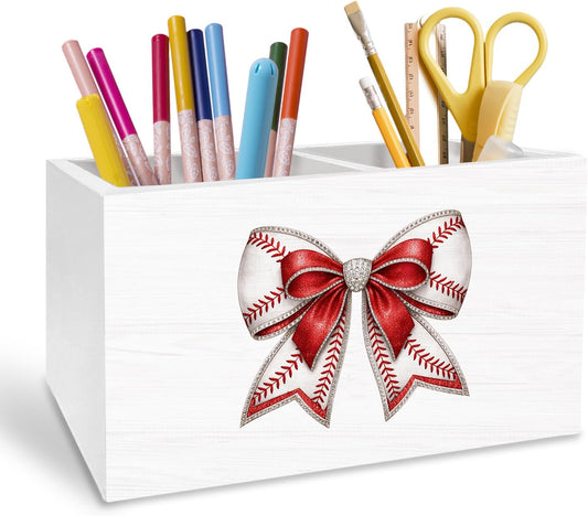 Coquette Football Bow Pen Holder for Desk, Football Lovers Players Gifts Pencil Organizer, Preppy Bow Sports Wooden Box Sign Desk Decor for Girls Dorm Home Office Decoration
