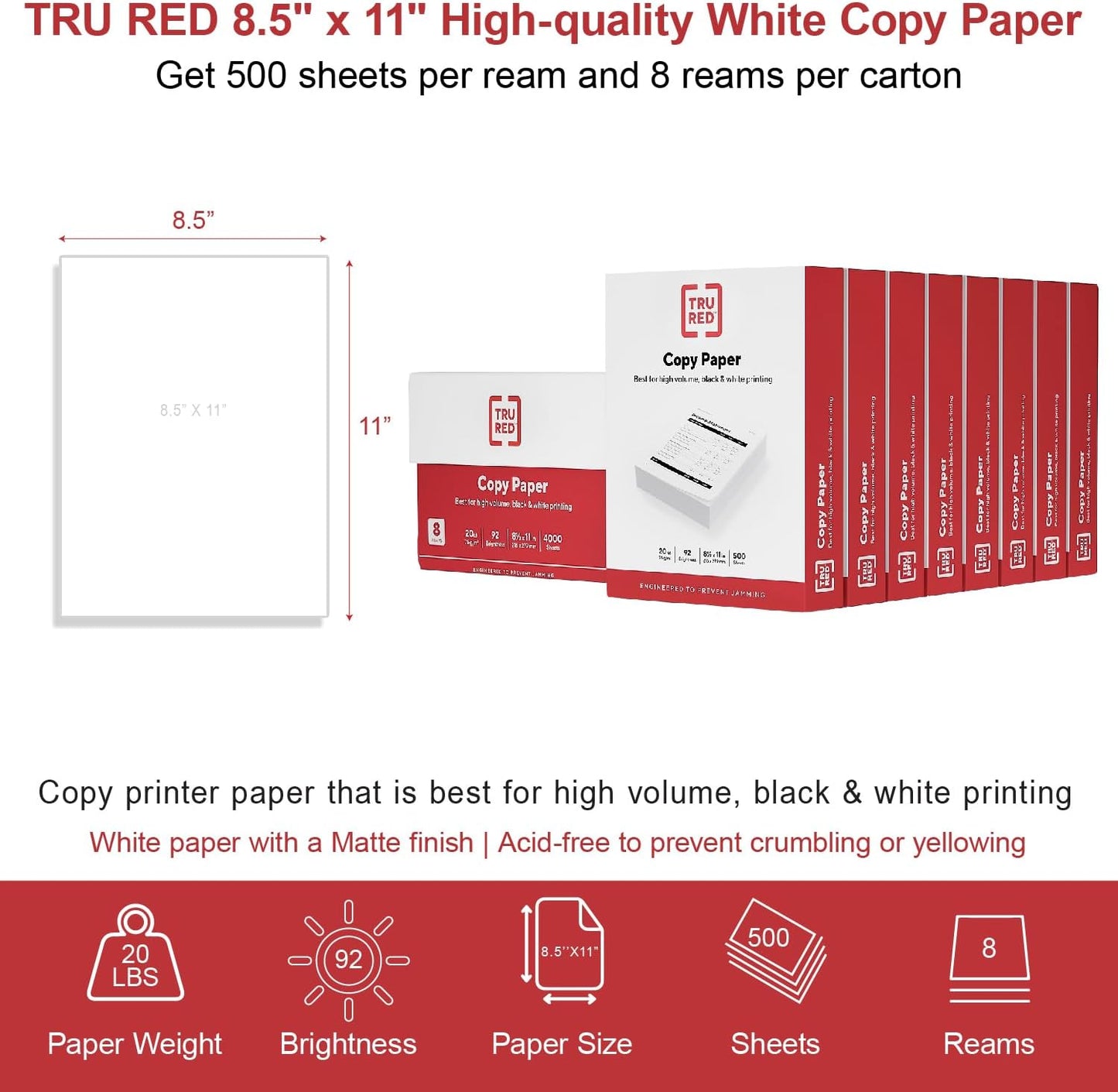 TRU RED 8.5x11 Copy Paper 20 lb. 92-Bright 5000 Sheets/Carton, For Office, School & Home