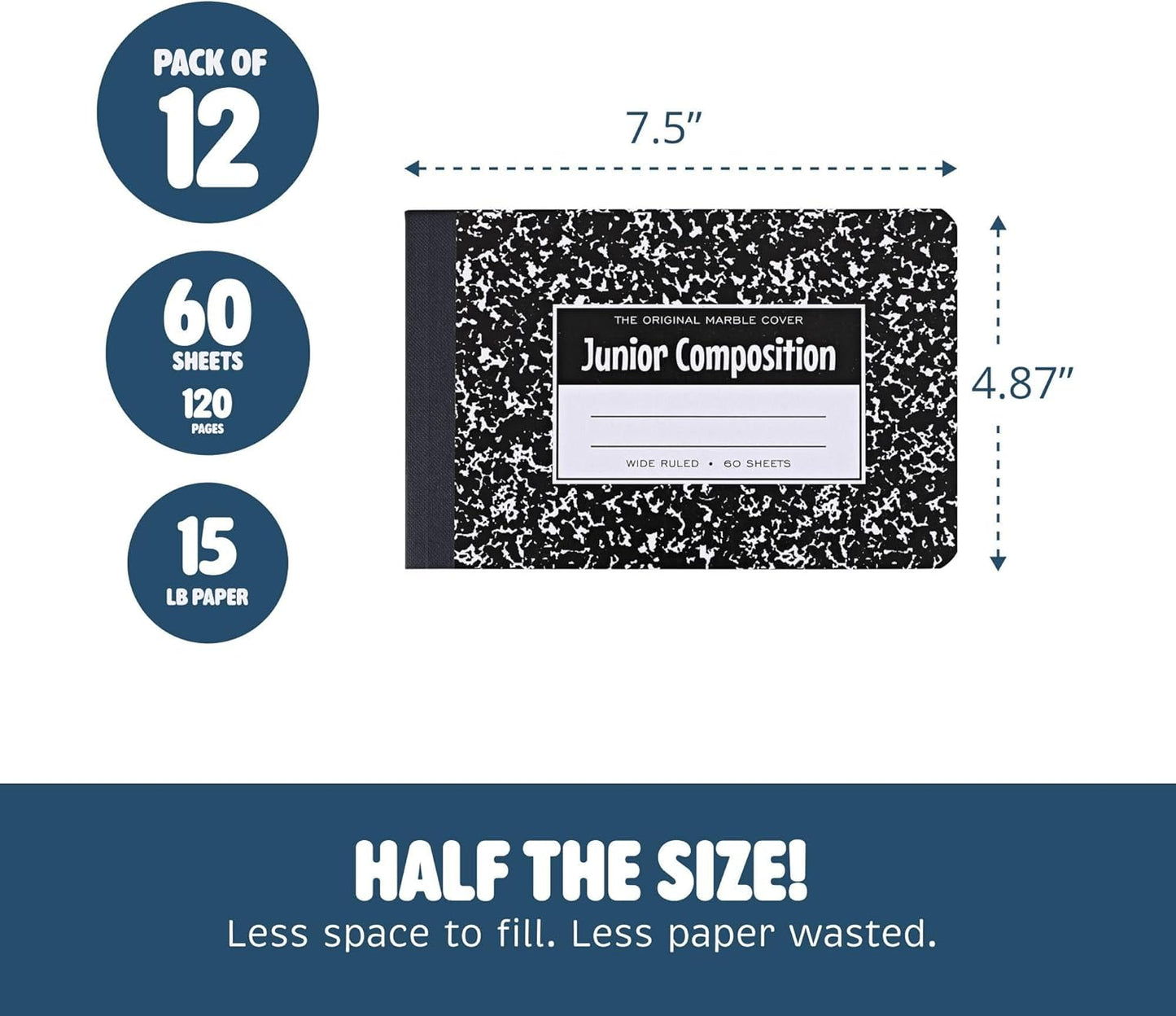 ROARING SPRING Junior Marble Composition Books, 12-Pack, Specially Sized 4.875"x7.5" for Smaller Users, 60 Sheets 15# White Wide Ruled Paper, Hard Board Covers, Black Marble (77125)