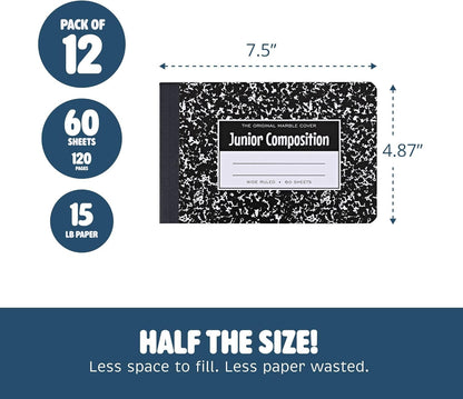 ROARING SPRING Junior Marble Composition Books, 12-Pack, Specially Sized 4.875"x7.5" for Smaller Users, 60 Sheets 15# White Wide Ruled Paper, Hard Board Covers, Black Marble (77125)