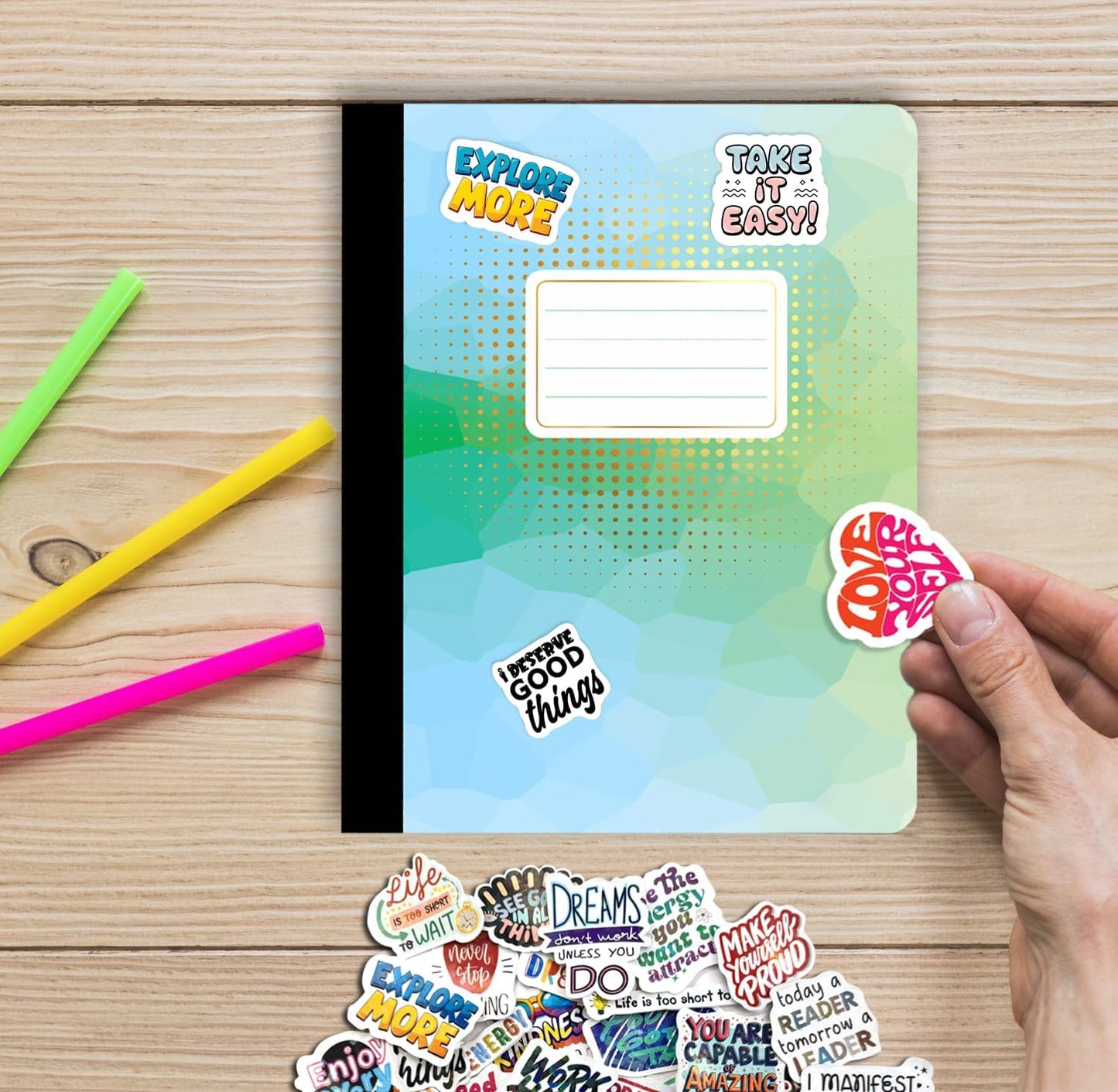 Jainzy Composition Notebooks, 3 Pack with 50 Motivational Stickers,College Ruled, 9.7 x 7.5 inches, 140 Pages, Gold Foil Details