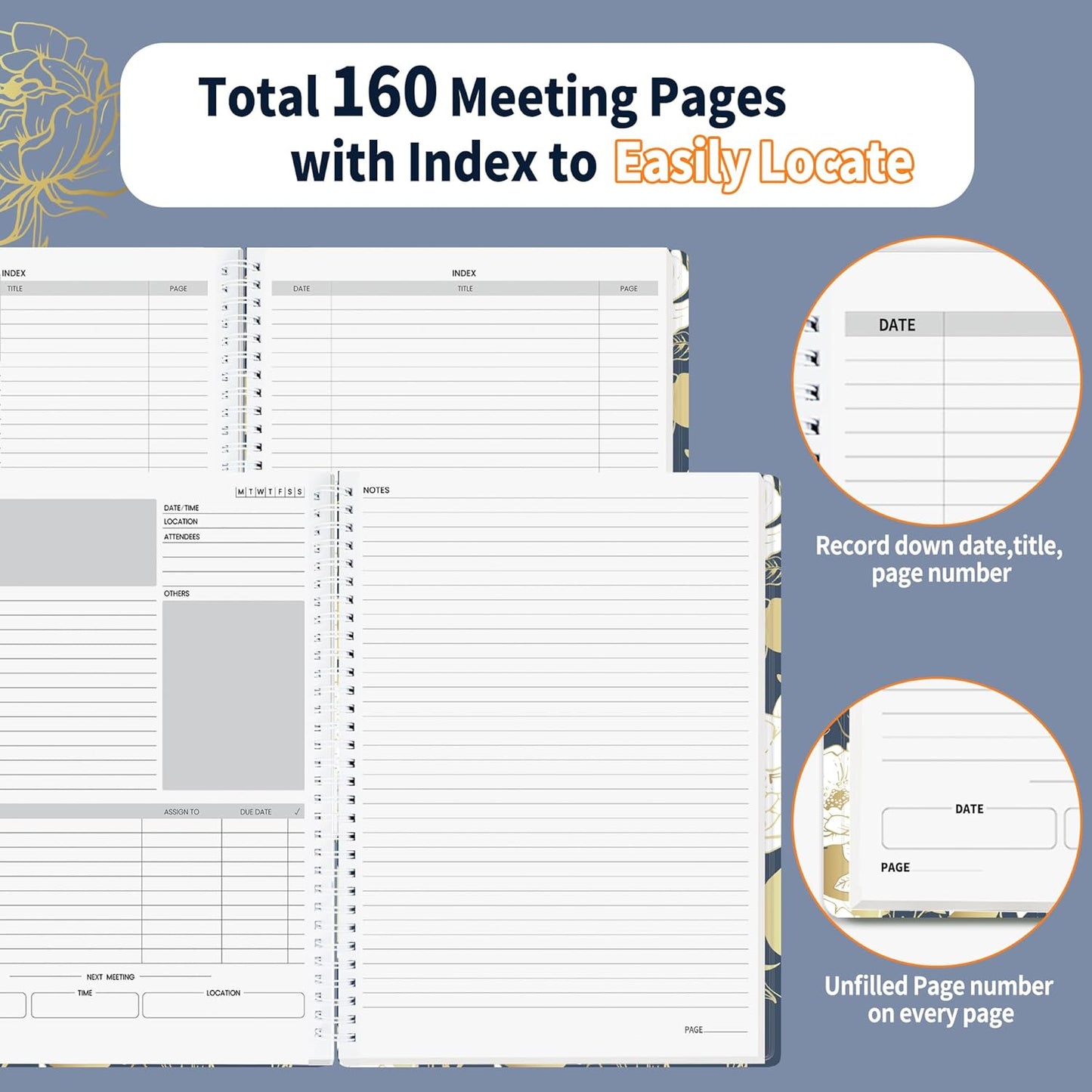 SUNEE Half Meeting Half Note - 7.5"x10" Professional Notebooks for Work - 160 Pages, B5 Size Project Planner, Spiral Meeting Agenda/Minutes Organizer for Women Men, Note Taking, Office & Business