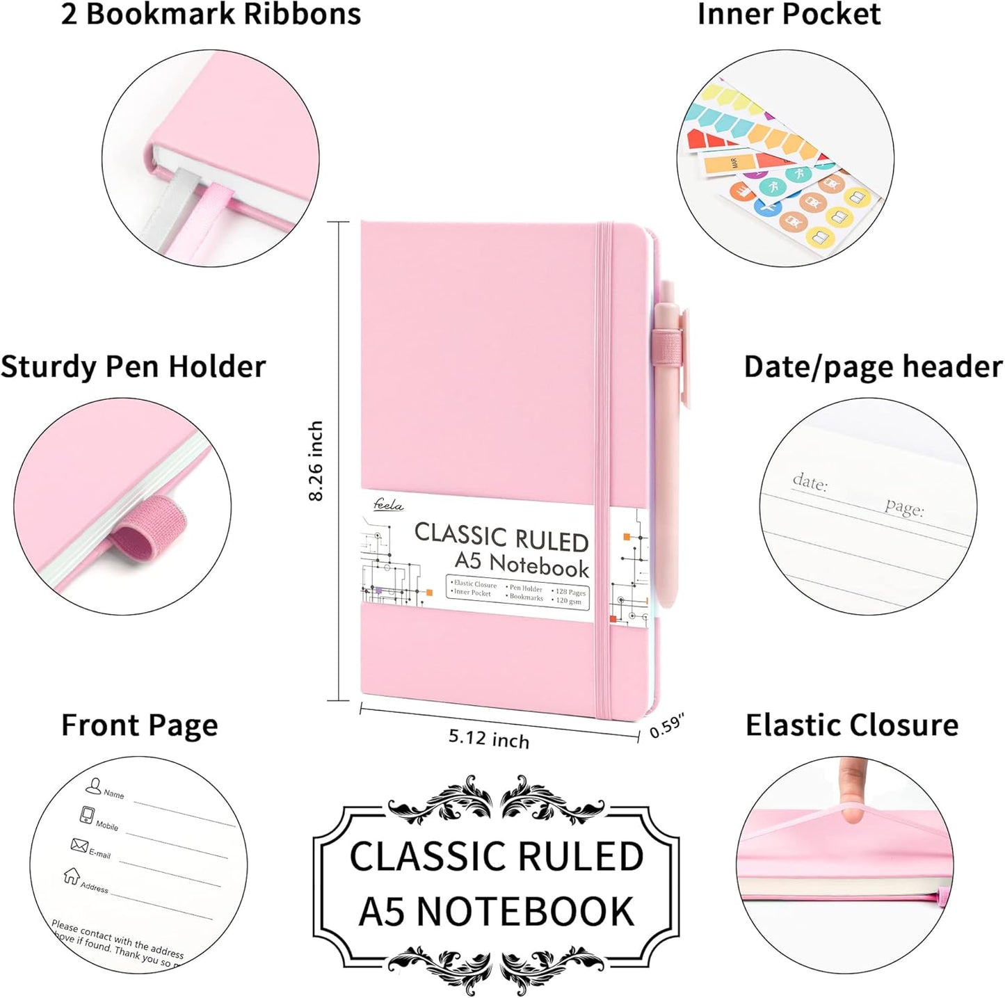 feela College Ruled Notebooks, 24 Pack Business Notebook Hardcover Lined Writing Journal with Pen Holder for Men Women Note Taking, with 24 Black Pens, 120 GSM, 5.1”x8.3”, A5, White