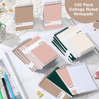 Thenshop 100 Pads Spiral Memo Pads Bulk 3 x 5 Inch Small Pocket Notepad Top Bound Lined 60 Sheets Mini Notebooks for School College Office Home Supplies (Fresh Colors)