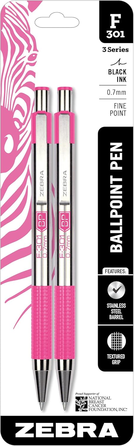 Zebra Pen F-301 Ballpoint Black, Blue, Red and Green Ink, Fine Point 0.7mm Pen, Easy-Glide Ink, Stainless Steel Retractable, Non-Slip Grip, Professional Design, Ideal for Office, 4-Pack (27174)