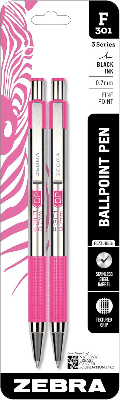 Zebra Pen F-301 Ballpoint Black, Blue, Red and Green Ink, Fine Point 0.7mm Pen, Easy-Glide Ink, Stainless Steel Retractable, Non-Slip Grip, Professional Design, Ideal for Office, 4-Pack (27174)