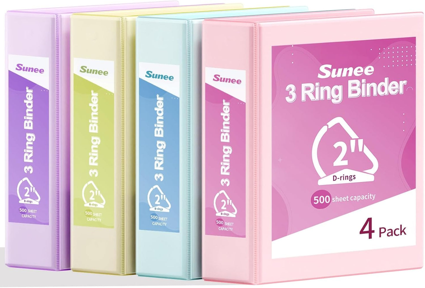 SUNEE 3 Ring Binder 1 Inch D Ring, Clear View Binder Three Ring PVC-Free (Fit 8.5x11 Inches) for School or Office Supplies, Assorted Pastel, 4 Pack