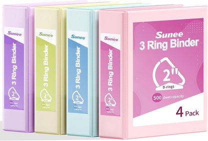 SUNEE 3 Ring Binder 1 Inch D Ring, Clear View Binder Three Ring PVC-Free (Fit 8.5x11 Inches) for School or Office Supplies, Assorted Pastel, 4 Pack