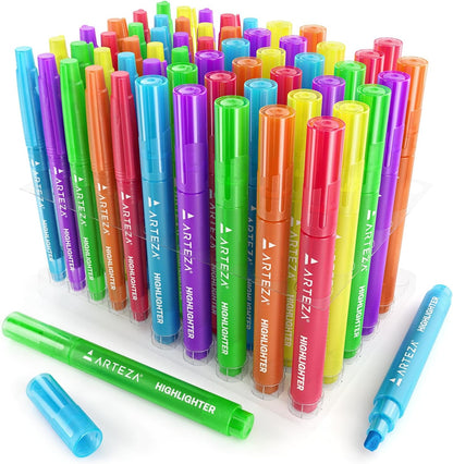 ARTEZA Highlighters, Bulk Set of 60 Neon Colors with Broad & Narrow Chisel Tips, Quick-Dry Smear-Resistant Ink for Office, Journaling, Planning & Notes
