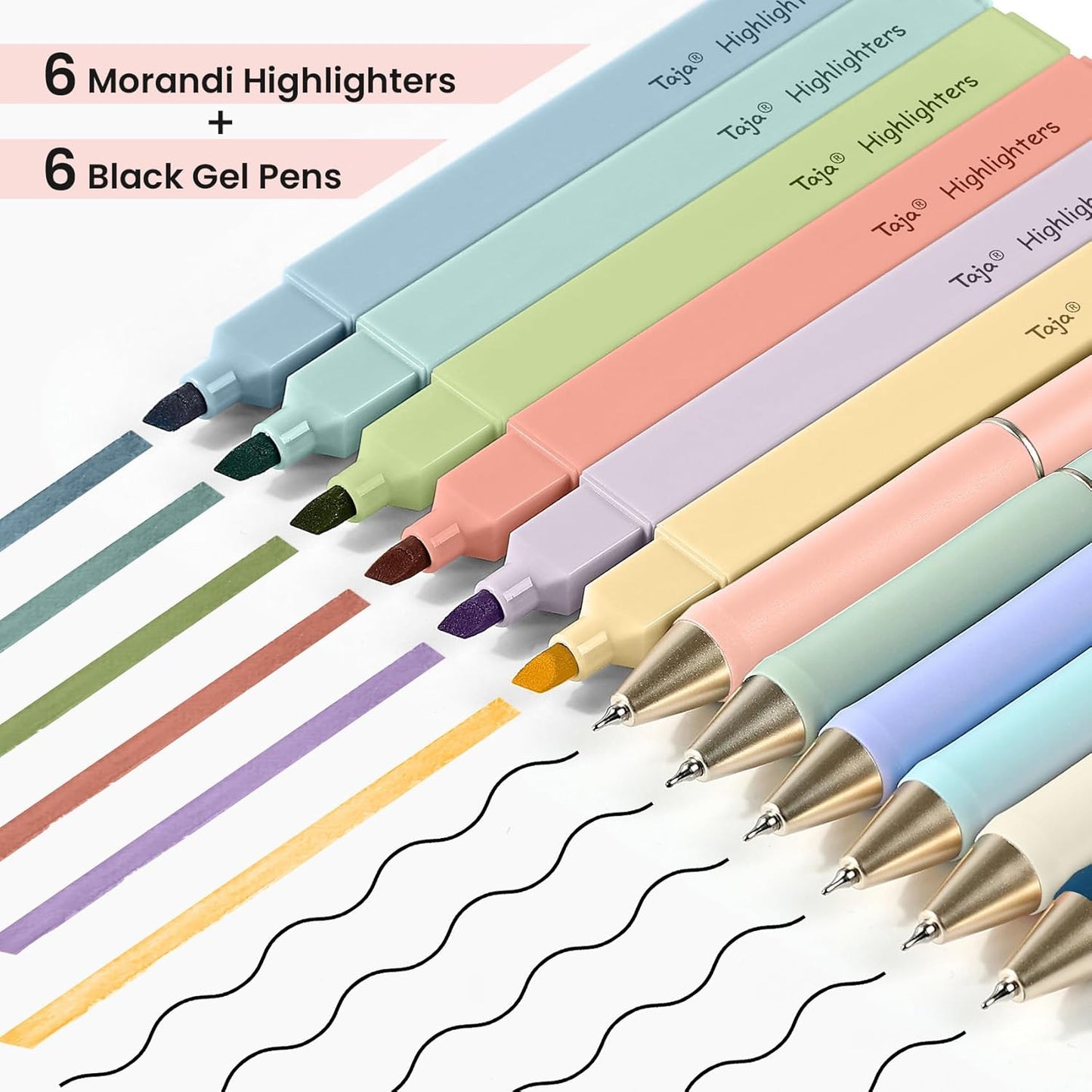 Taja 12 Pack Bible Highlighters and Pens Set No Bleed, 6 Aesthetic Pastel Highlighters and 6 Black Ink Pens for Bible Study, Journaling, School and Office Supplies