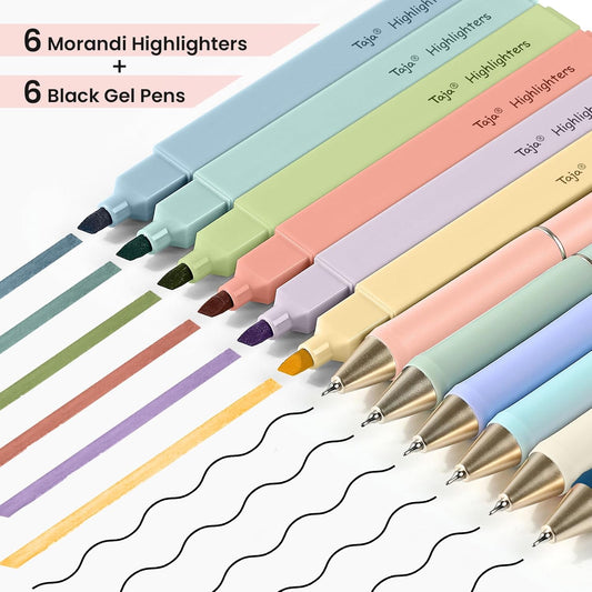 Taja 12 Pack Bible Highlighters and Pens Set No Bleed, 6 Aesthetic Pastel Highlighters and 6 Black Ink Pens for Bible Study, Journaling, School and Office Supplies