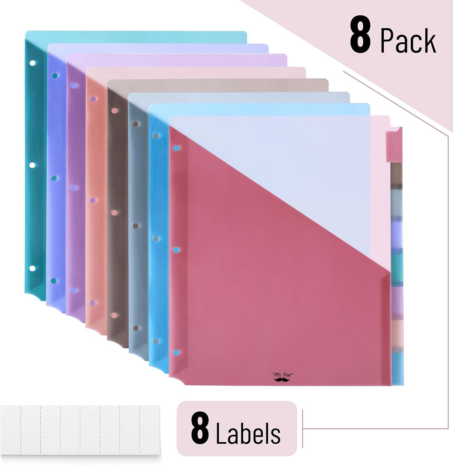 Mr. Pen- Binder Dividers with Pockets and Tabs, 1 Set, 8 Tabs/Set, Colorful, 3 Ring Binder Dividers with Tabs and Pockets on Both Sides