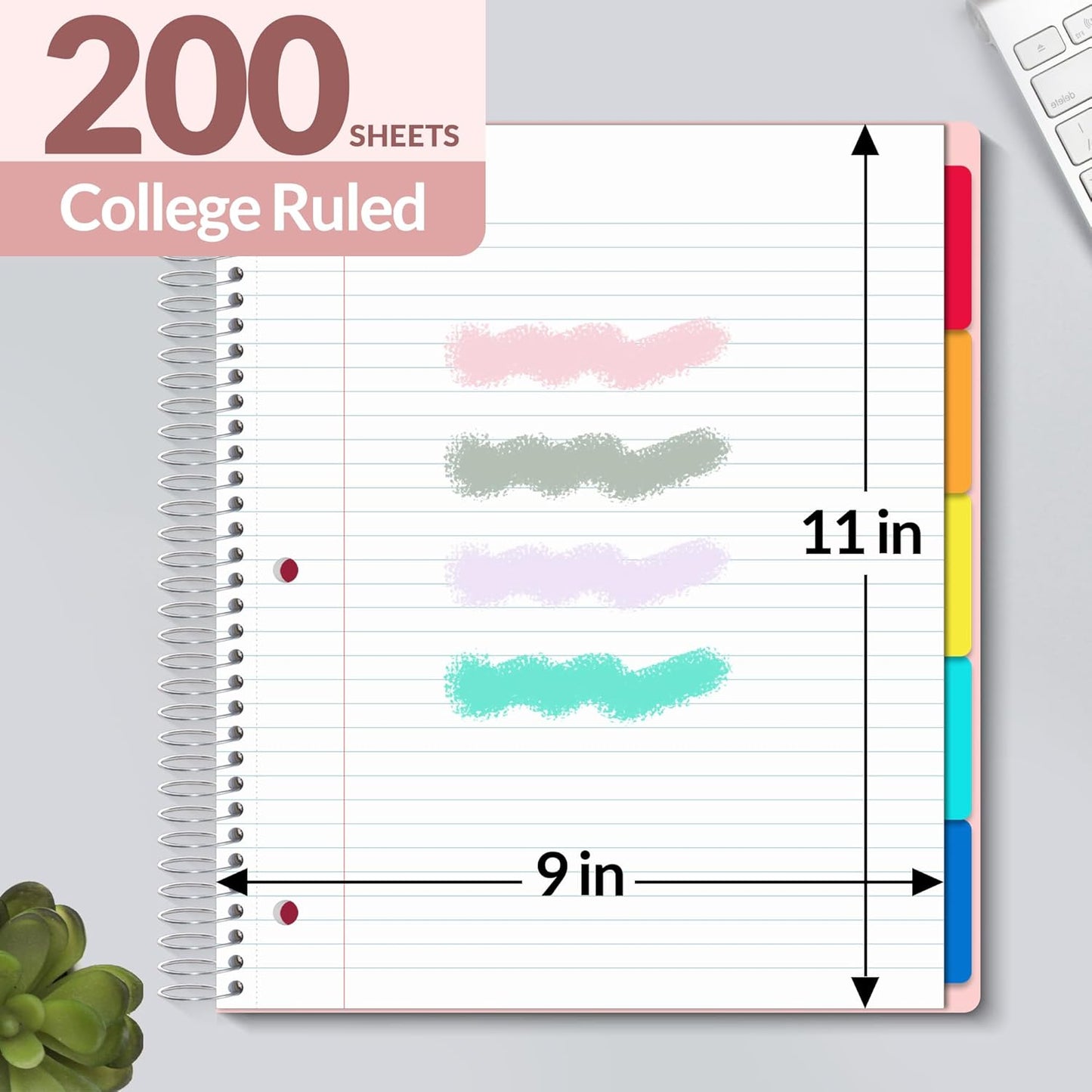 SUNEE 5 Subject Graph Paper Notebook - 400 Pages, 9"x11", 4x4 Graph Ruled Notebook, 5 Pocket Colored Dividers, 3-Hole Punched Paper, Black