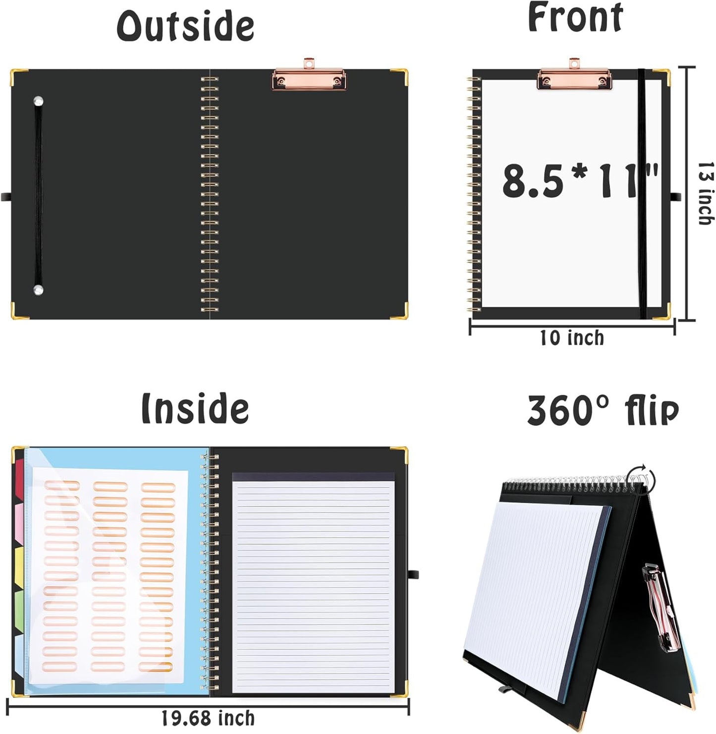 HAUTOCO Clipboard Folio with Refillable Notepad for Letter Size (11" x 8.5"), 5 Dividers with 10 Pockets, Elastic Pen Holder and File Folder Labels, Spiral Nurse Clipboard Artboard(Green)