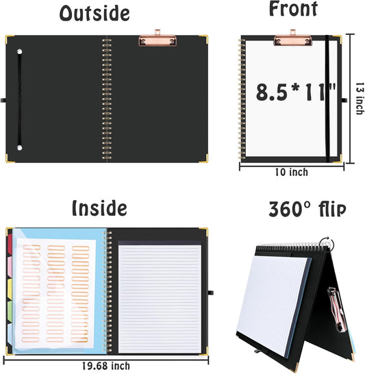 HAUTOCO Clipboard Folio with Refillable Notepad for Letter Size (11" x 8.5"), 5 Dividers with 10 Pockets, Elastic Pen Holder and File Folder Labels, Spiral Nurse Clipboard Artboard(Green)