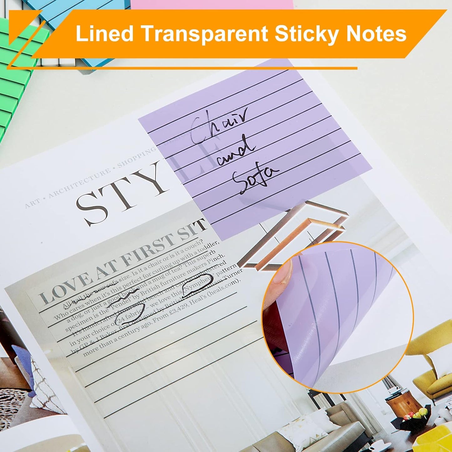 3x3 Inch Transparent Sticky Notes 300 Sheets, Clear Translucent Lined Self-Adhesive Memo Repositionable Reminder Pad for Office, College Students, Planners, Journals, School Supplies (Purple)
