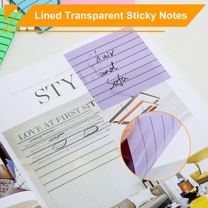 3x3 Inch Transparent Sticky Notes 300 Sheets, Clear Translucent Lined Self-Adhesive Memo Repositionable Reminder Pad for Office, College Students, Planners, Journals, School Supplies (Purple)