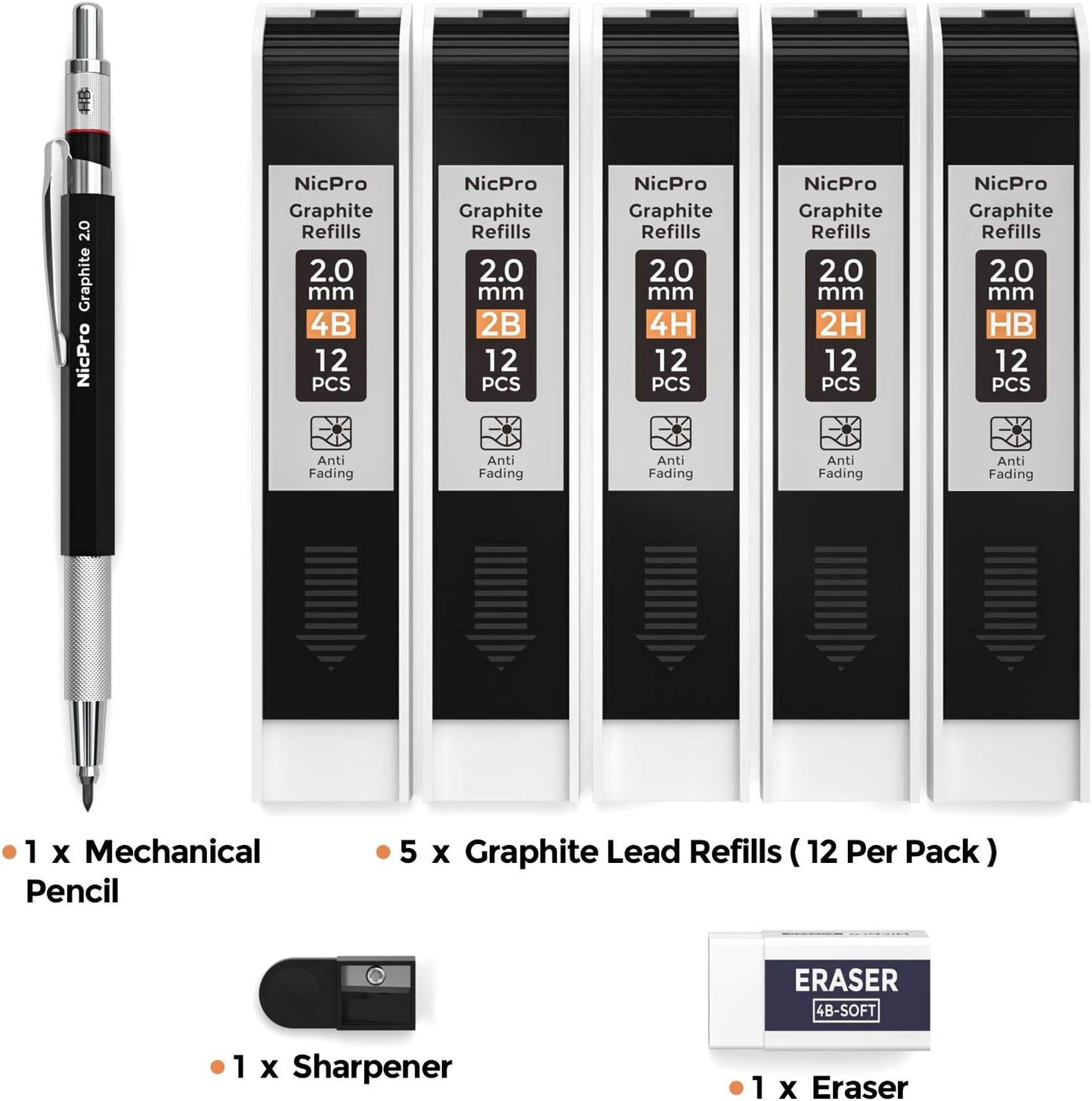 Nicpro 2mm Metal Mechanical Pencil Set with Case, 3PCS Lead Pencil Holder 2.0 mm with 144PCS Lead Refills (4H 2H HB 2B 4B 6B Color), Eraser, Sharpener for Drafting Writing Drawing Sketching
