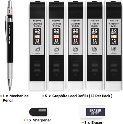 Nicpro 2mm Metal Mechanical Pencil Set with Case, 3PCS Lead Pencil Holder 2.0 mm with 144PCS Lead Refills (4H 2H HB 2B 4B 6B Color), Eraser, Sharpener for Drafting Writing Drawing Sketching