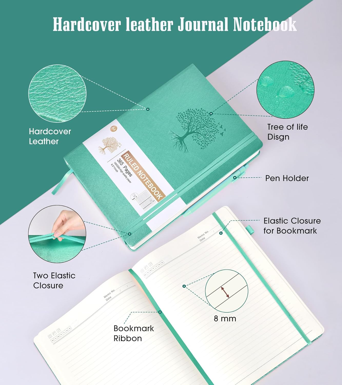 Lined Journal Notebook -365 Pages A5 Thick Journals for Writing Ruled Notebook, Hardcover Leather Journal for Women Men Daily Journal Notebook for Work, Note Taking, 100Gsm Lined Paper( 5.75'' X 8.38'' Green)