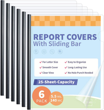 Binditek 12 Pack Clear Report Covers with Sliding Bars, 25 Sheet Capacity, 5mm Binding Bars, Letter Size, 5.5 Mil Thick, Black, for Students and Coworkers