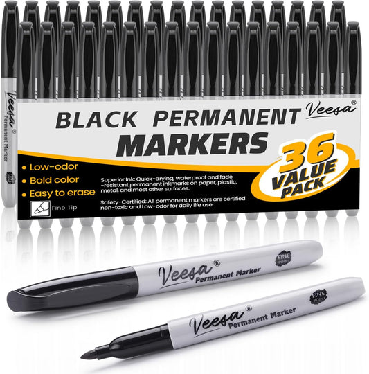 VEESA Permanent Markers Bulk, Fine Tip, 75 Pack Black Permanent Markers, Quick Drying, Water- & Fade-Resistant, Used on Wood Plastic Paper Metal