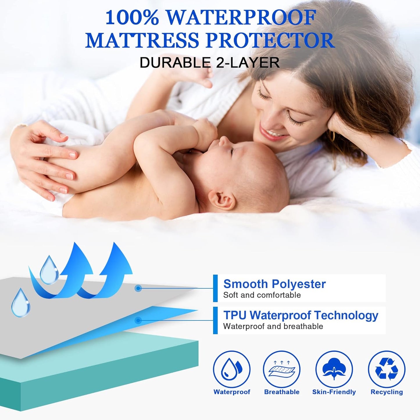 Sufdari Mattress Protector,Waterproof 18" Deep Pocket Mattress Cover Fitted Sheet Style with Elastic Rubber Band,Washable and Easy Care-Black,Queen