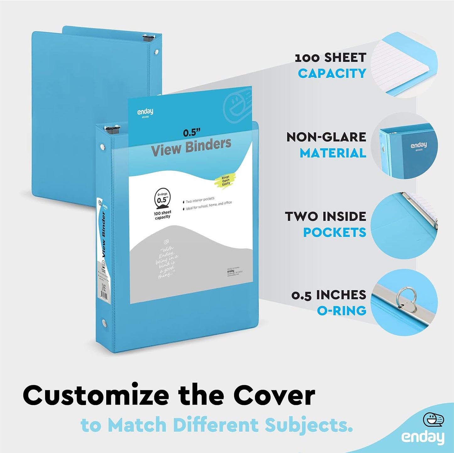 Enday 1 Inch Binder (6 Pack - Grey) 3 Ring Binder 1 inch with Clear View Cover and 2 Inside Pocket - for Letter Size 8.5 x 11'' Paper, Ideal for School Supplies, Office, and Home