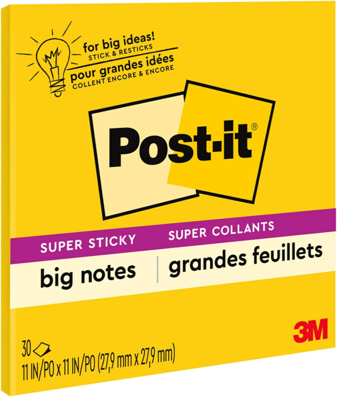 Post-it Super Sticky Big Notes, 11 in. x 11 in., Extra Large Sticky Notes Yellow, 1 Pad, 30 Sheets, Great for Vision Boards, Creative Projects, Study Spaces, Group Brainstorming, and More