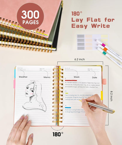 Hardcover Spiral Notebook Journal with Removable Dividers Tabs, 300 Pages Leather 5 Subject Notebook College Ruled, 8"x10" Large B5 Notebooks for Work School Note taking, Lined Journal for Women, Pink