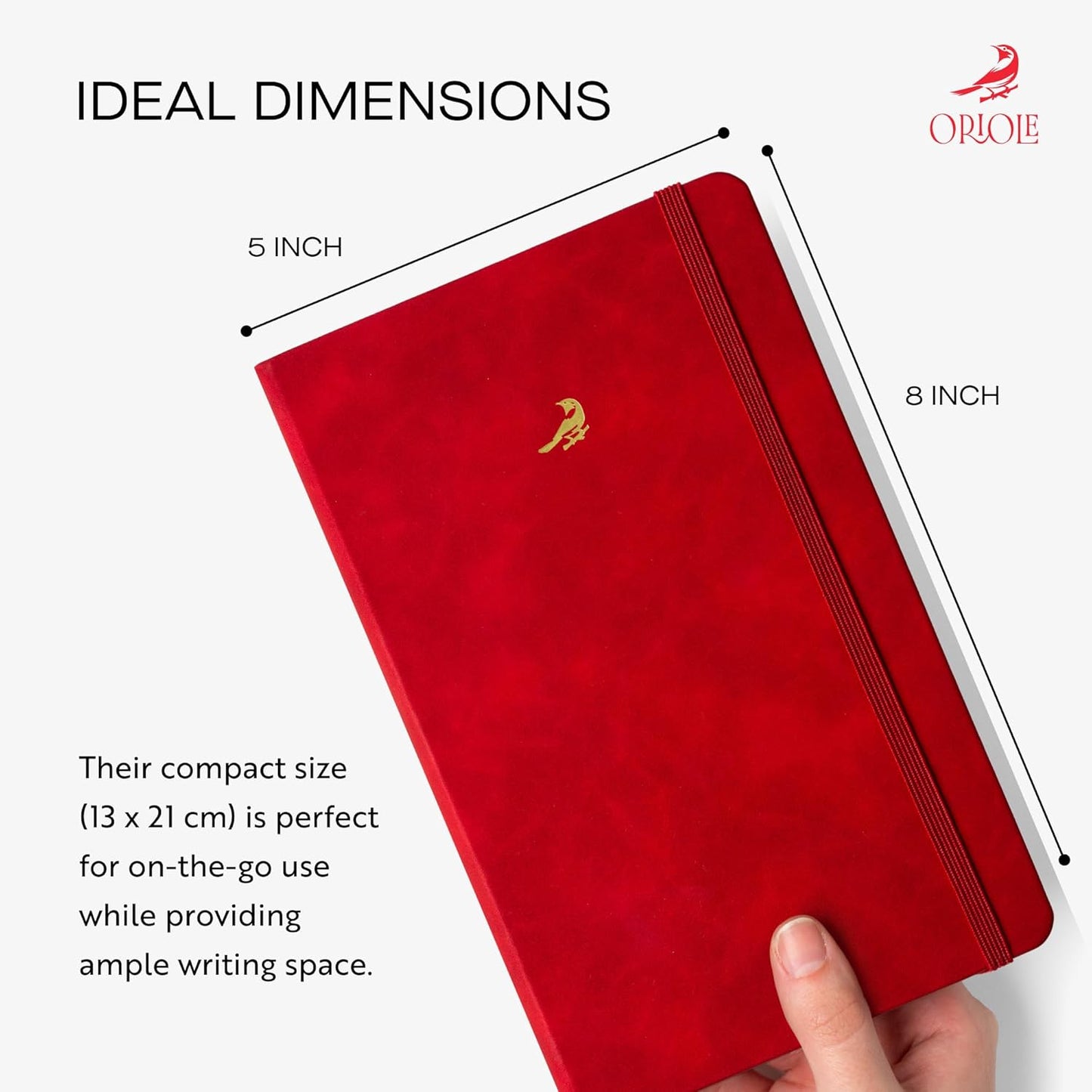 Oriole Vegan Leather Ruled Notebook - Chestnut Brown | 176 Pages of Thick Lined Paper | Soft Touch Hardcover Journal (5 x 8 in) with Gold Foil Bird Design & Luxury Gift Box