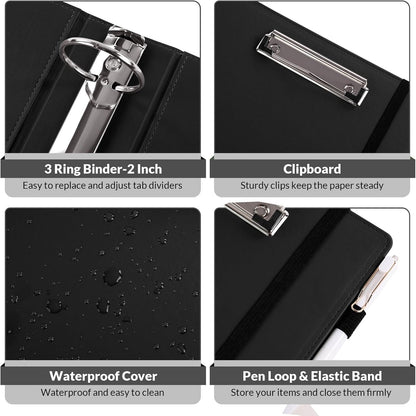 SKYDUE 3 Ring Binder with Clipboard,1 Inch Binder, 13.2" × 10.2" PU Clipboard Binder with Notepad & 5 Dividers with 5 Pockets, Labels, Clipboard Folder Great for School Office(Fit Letter Sized Paper)