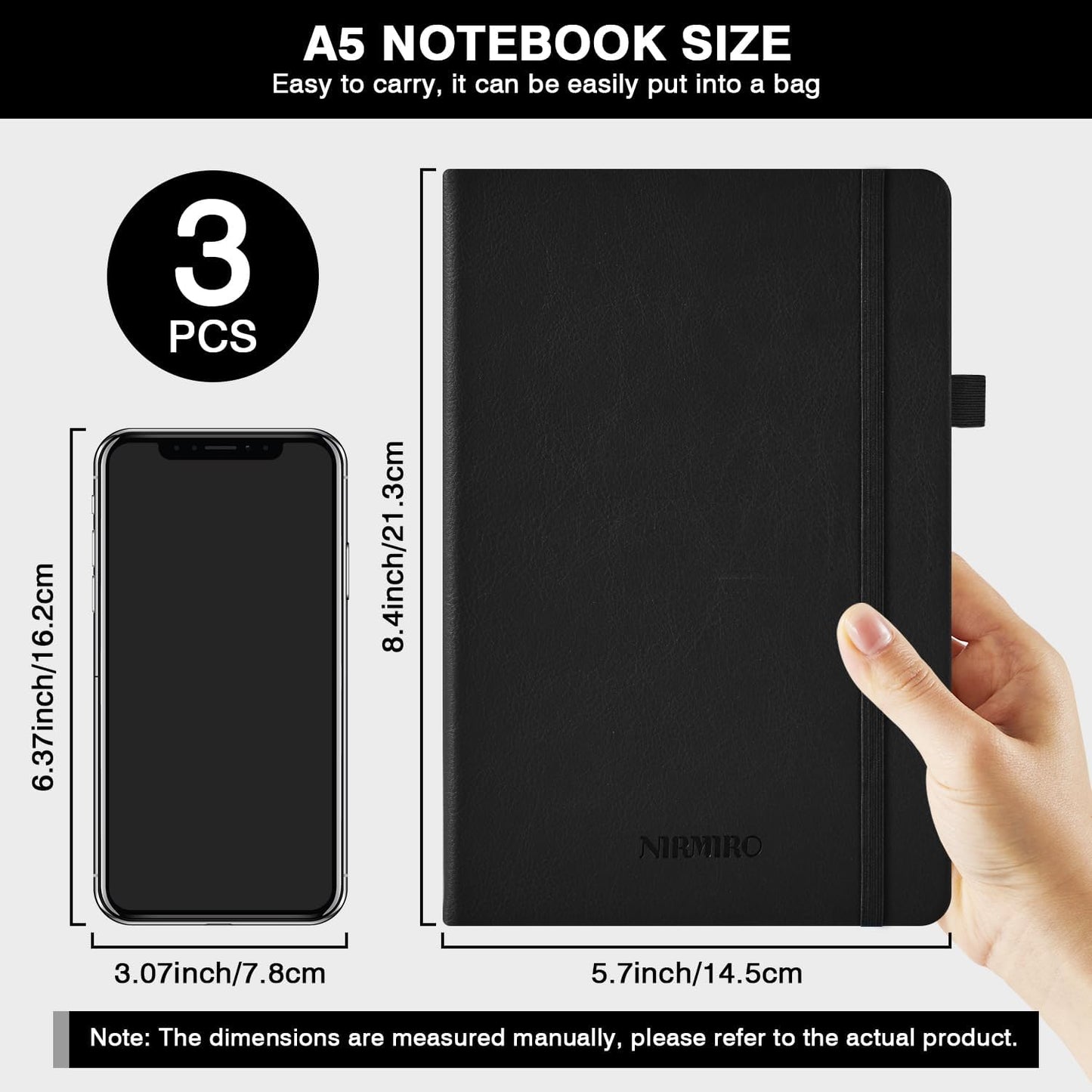 NIRMIRO Small Notebook Journals, 3 Pack Mini Pocket Note pads for Men & Women Writing, A6 Small Leather Notepad 3.7" x 5.7" with Pen, Black, Red, Green