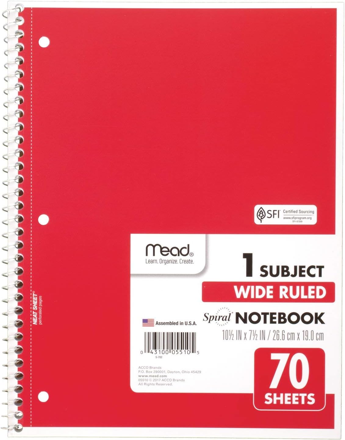 Mead Spiral Notebook, 1 Subject, Wide Ruled Paper, 7-1/2" x 10-1/2", 70 Sheets, Color Will Vary (05510)