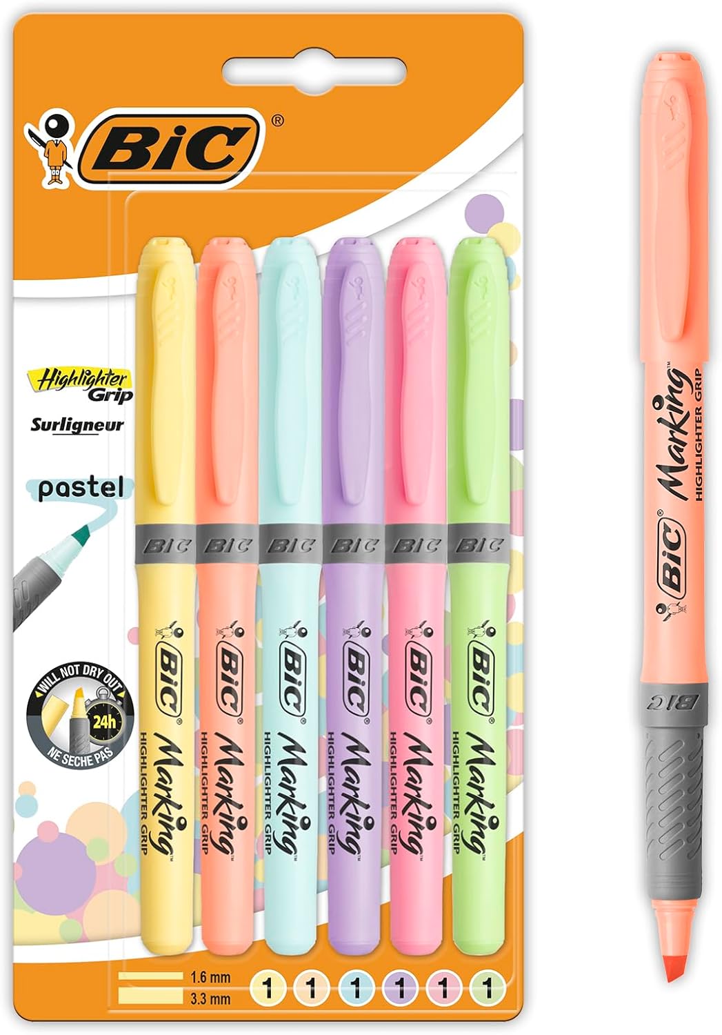 BIC Highlighter Grip Pastel, Highlighter Pens with Adjustable Chisel Tip, Rubber Grip for Extra Comfort, Assorted Colours, Pack of 6