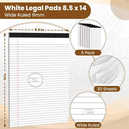 Legal Pads 8.5 x 14 Note Pads, 6 Pack Writing Pads Wide Ruled Notepads, Micro Perforated Notepad, Double-Side Printed Lined Paper Pads 30 Sheets per Notepad, White Legal Pads for Home, Office, School