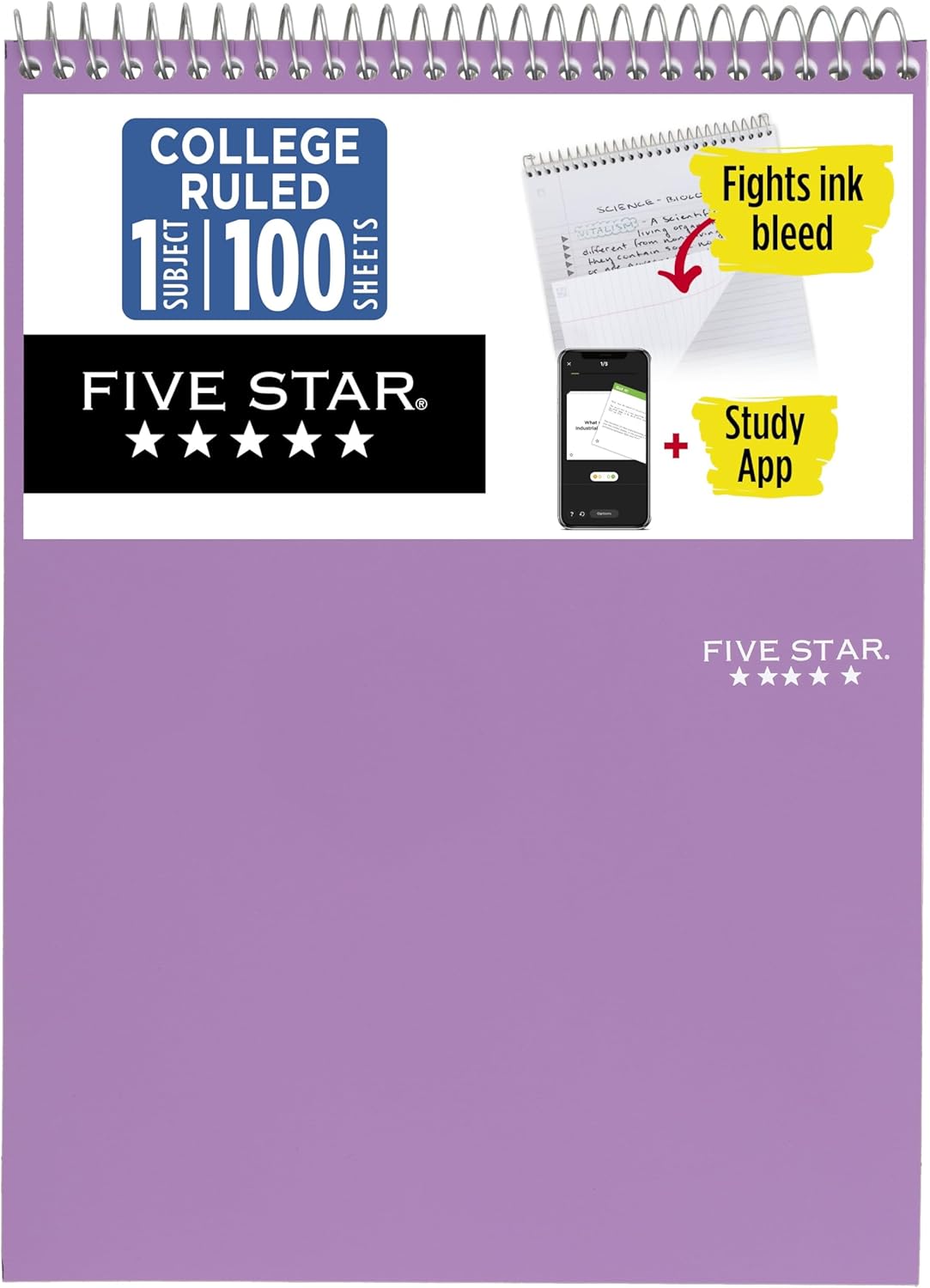 Five Star Top Spiral Notebook + Study App, 1 Subject, College Ruled Notepad, 8-1/2" x 11", 100 Sheets, Fights Ink Bleed, Water Resistant Cover, Seaglass Green (820058C-ECM)
