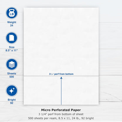 PrintWorks Professional 3 2/3" Horizontal Perforated Paper 8.5” x 11” - Perfect For W-2, 1099, & Statement Use - Made in the USA - 500 Sheets - 20 lb - Printer Compatible - White (04124)