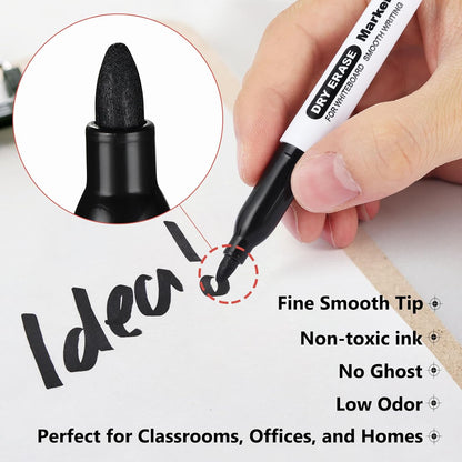 SFAIH Black Dry Erase Markers Fine Tip - 12 Pack Whiteboard Markers Standard Set For Office Teams, Teachers, Classrooms, Training Sessions | Low-Odor