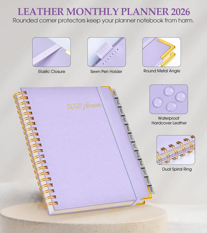 2026 Planner, Weekly and Monthly Calendar Planner from January 2026 - December 2026, 8.5" x 11" Hardcover Leather Hourly Appointment Book with Tabs, Spiral Daily Planners for School Work Home, Green