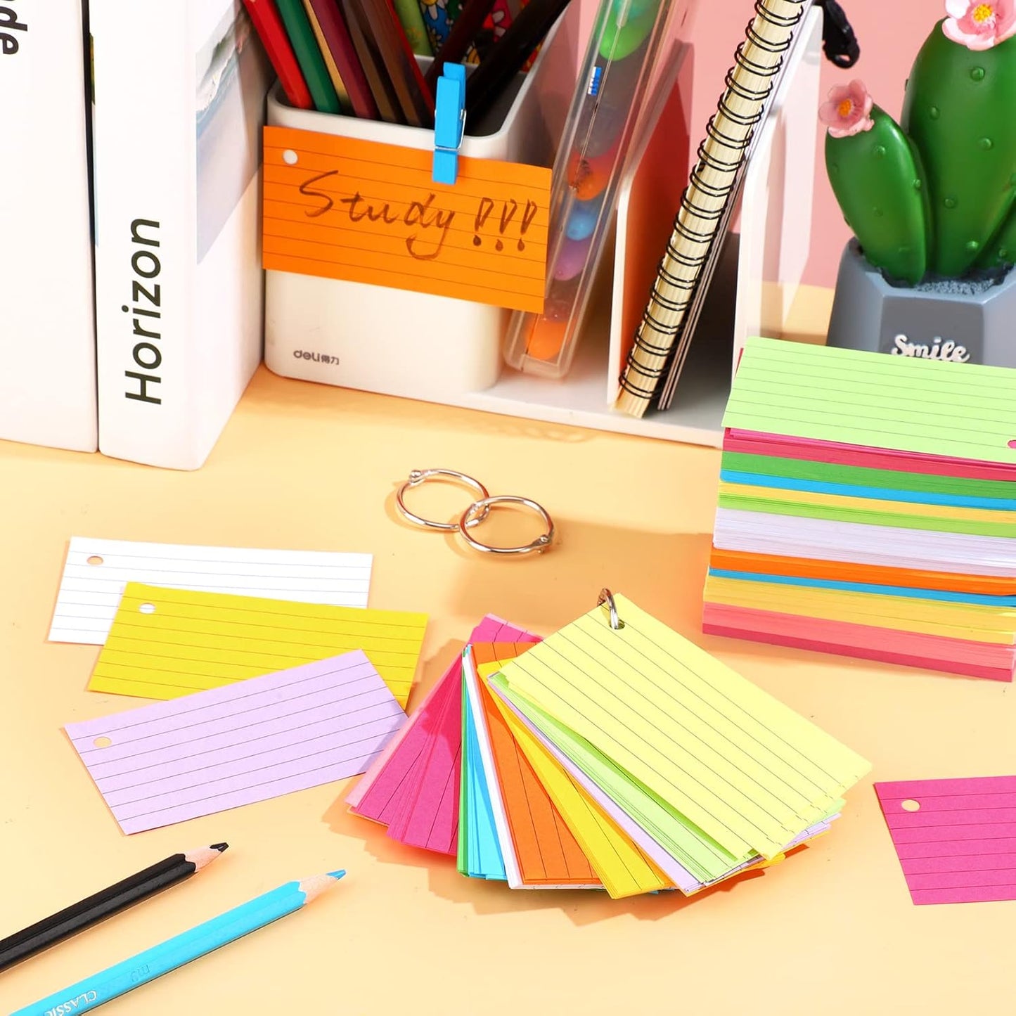 Patelai 1500 Pcs Index Cards Flash Cards with Rings 2 x 3.5 Inch Lined Notecards with 8 Pcs Metal Rings for Studying Learning Memory Office School Supplies(Mixed Color)